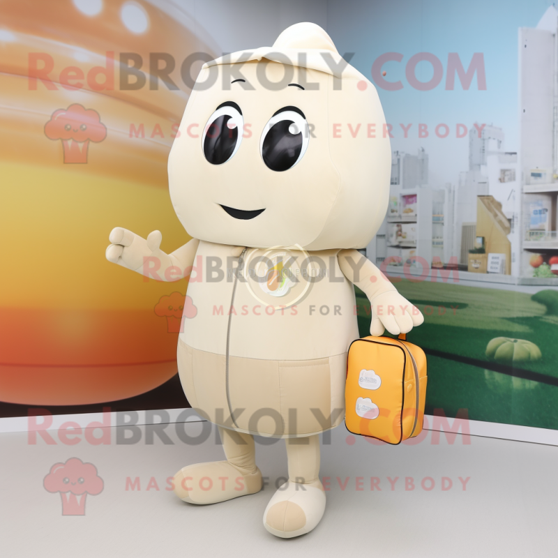 Beige Apricot mascot costume character dressed with a Vest and Clutch bags Beige Apricot mascot costume character dressed with a Vest and Clutch bags