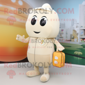 Beige Apricot mascot costume character dressed with a Vest and Clutch bags