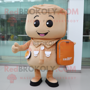 Beige Apricot mascot costume character dressed with a Vest and Clutch bags
