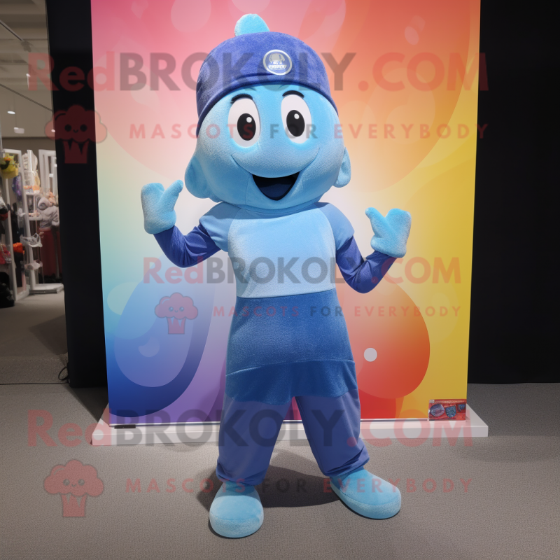 Blue Rainbow mascot costume character dressed with a Yoga Pants and Hat pins Blue Rainbow mascot costume character dressed with a Yoga Pants and Hat pins