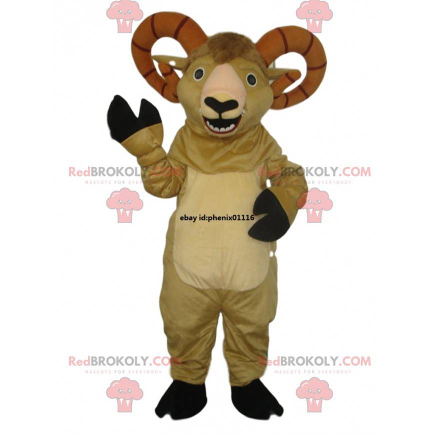 Mascotte de bouc beige avec de superbes cornes. Costume de bouc