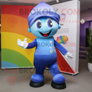 Blue Rainbow mascot costume character dressed with a Yoga Pants and Hat pins