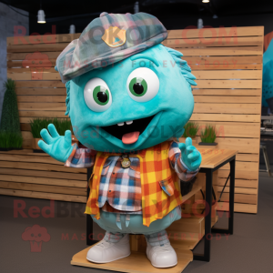 Teal Fish Tacos mascot costume character dressed with a Flannel Shirt and Hairpins