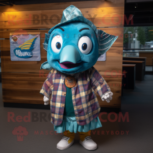 Teal Fish Tacos mascot costume character dressed with a Flannel Shirt and Hairpins