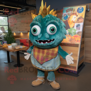 Teal Fish Tacos mascot costume character dressed with a Flannel Shirt and Hairpins