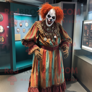 Rust Evil Clown mascot costume character dressed with a Wrap Dress and Coin purses