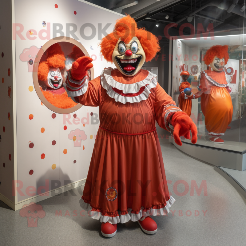 Rust Evil Clown mascot costume character dressed with a Wrap Dress and Coin purses Rust Evil Clown mascot costume character dressed with a Wrap Dress and Coin purses