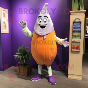 Lavender Squash mascot costume character dressed with a Capri Pants and Lapel pins