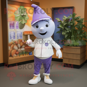 Lavender Squash mascot costume character dressed with a Capri Pants and Lapel pins