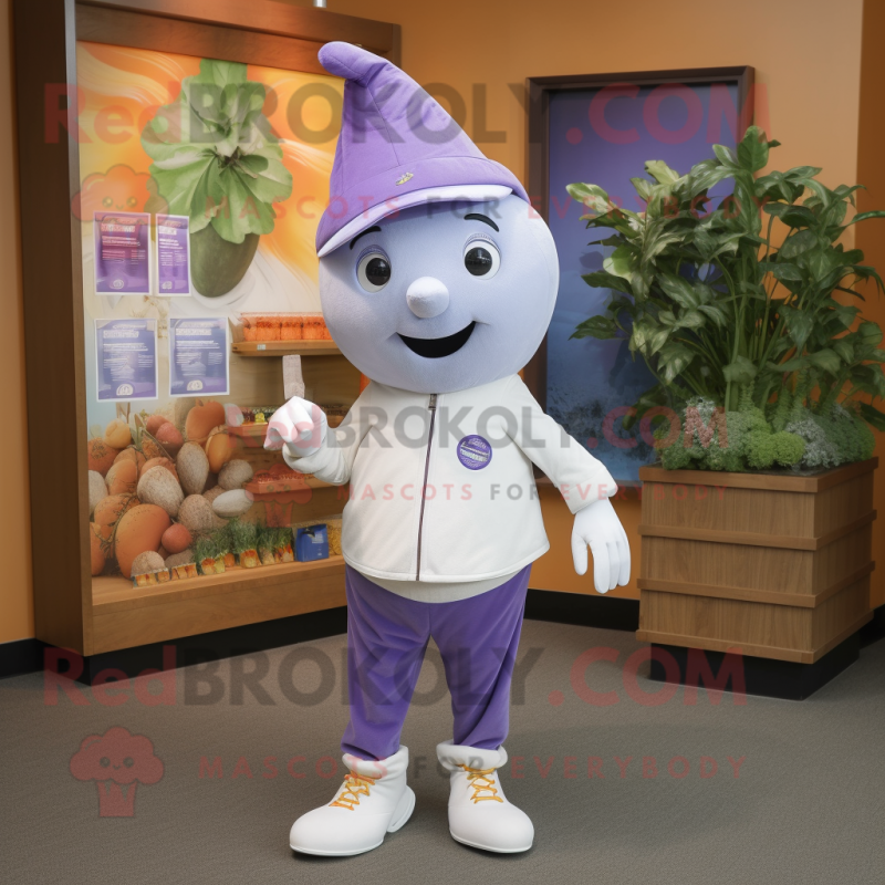 Lavender Squash mascot costume character dressed with a Capri Pants and Lapel pins