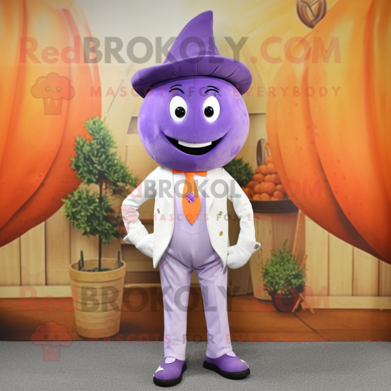 Lavender Squash mascot costume character dressed with a Capri Pants and Lapel pins