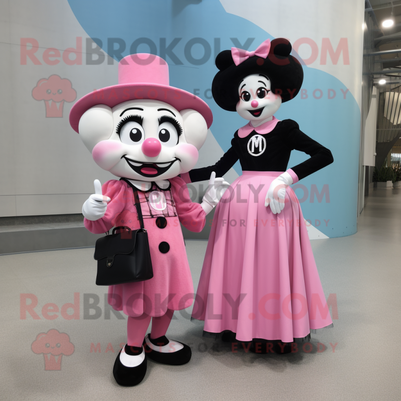 Pink Mime mascot costume character dressed with a Midi Dress and Messenger bags Pink Mime mascot costume character dressed with a Midi Dress and Messenger bags