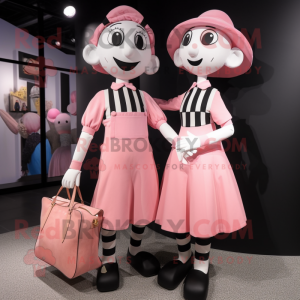 Pink Mime mascot costume character dressed with a Midi Dress and Messenger bags