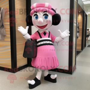 Pink Mime mascot costume character dressed with a Midi Dress and Messenger bags