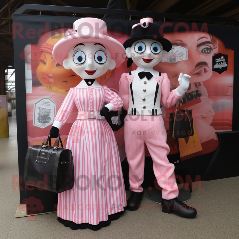 Pink Mime mascot costume character dressed with a Midi Dress and Messenger bags