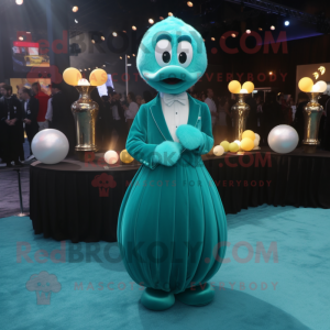 Teal Scented Candle mascot costume character dressed with a Ball Gown and Lapel pins