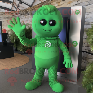 Green Momentum mascot costume character dressed with a Playsuit and Gloves