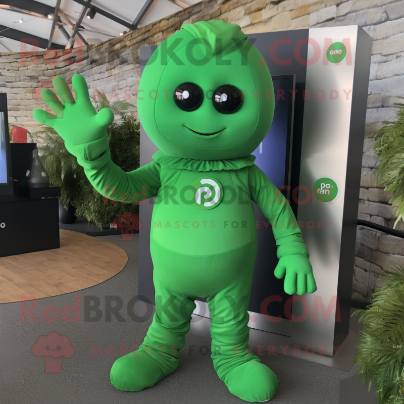 Green Momentum mascot costume character dressed with a Playsuit and Gloves