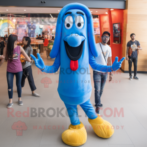 Blue Hot Dog mascot costume character dressed with a Skinny Jeans and Keychains