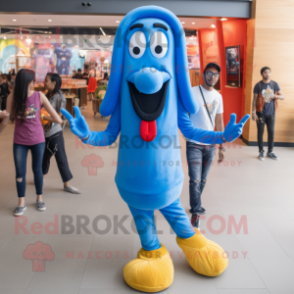 Blue Hot Dog mascot costume character dressed with a Skinny Jeans and Keychains