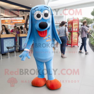 Blue Hot Dog mascot costume character dressed with a Skinny Jeans and Keychains