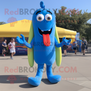 Blue Hot Dog mascot costume character dressed with a Skinny Jeans and Keychains