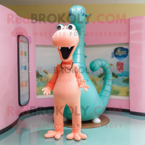 Peach Loch Ness Monster mascot costume character dressed with a One-Piece Swimsuit and Belts