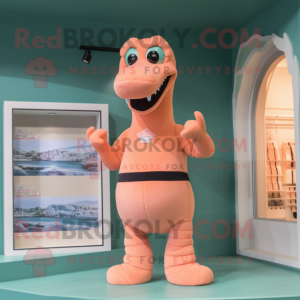 Peach Loch Ness Monster mascot costume character dressed with a One-Piece Swimsuit and Belts