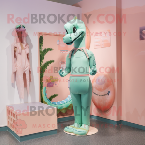 Peach Loch Ness Monster mascot costume character dressed with a One-Piece Swimsuit and Belts
