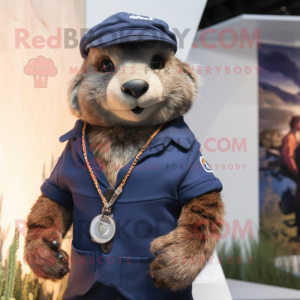 Navy Marmot mascot costume character dressed with a Chinos and Necklaces