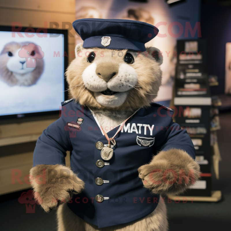 Navy Marmot mascot costume character dressed with a Chinos and Necklaces