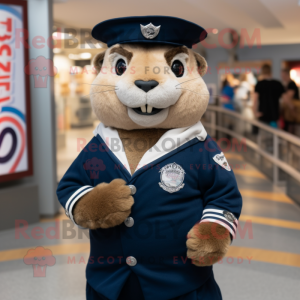 Navy Marmot mascot costume character dressed with a Chinos and Necklaces