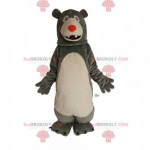 Mascote urso cinza e branco com focinho vermelho -