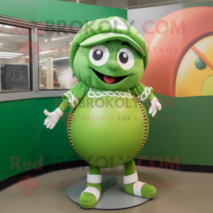 Green Baseball Ball mascot costume character dressed with a A-Line Skirt and Rings
