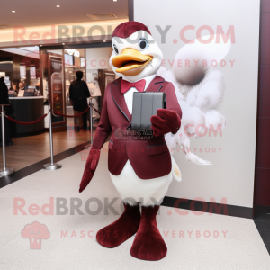 Maroon Swans mascot costume character dressed with a Suit Pants and Clutch bags