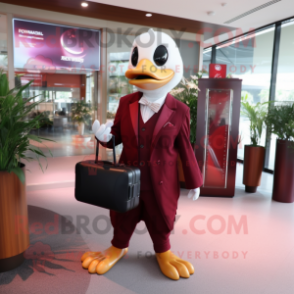 Maroon Swans mascot costume character dressed with a Suit Pants and Clutch bags
