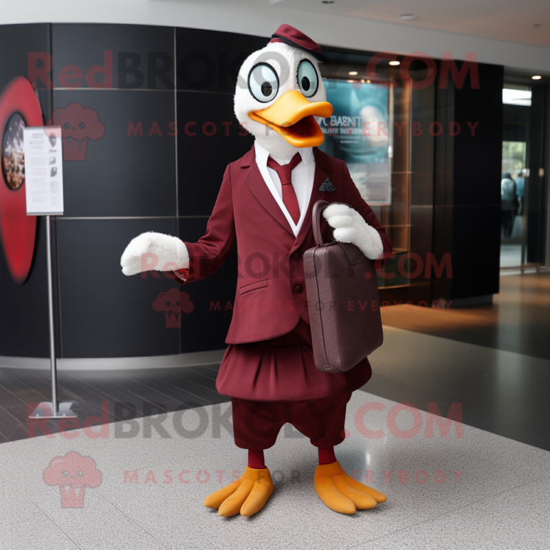 Maroon Swans mascot costume character dressed with a Suit Pants and Clutch bags Maroon Swans mascot costume character dressed with a Suit Pants and Clutch bags