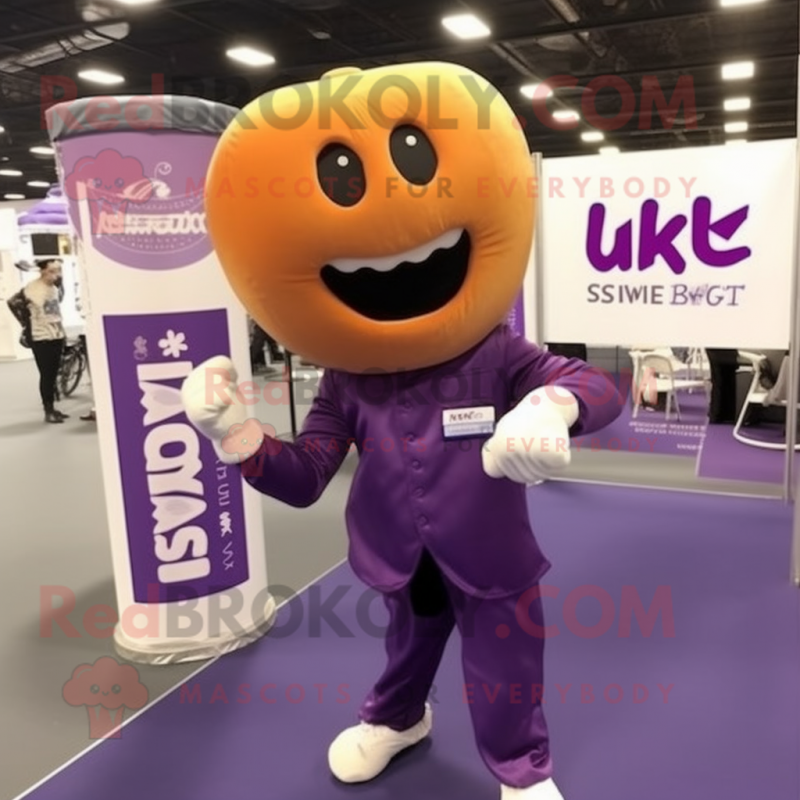 Purple Boxing Glove mascot costume character dressed with a Capri Pants and Tie pins Purple Boxing Glove mascot costume character dressed with a Capri Pants and Tie pins