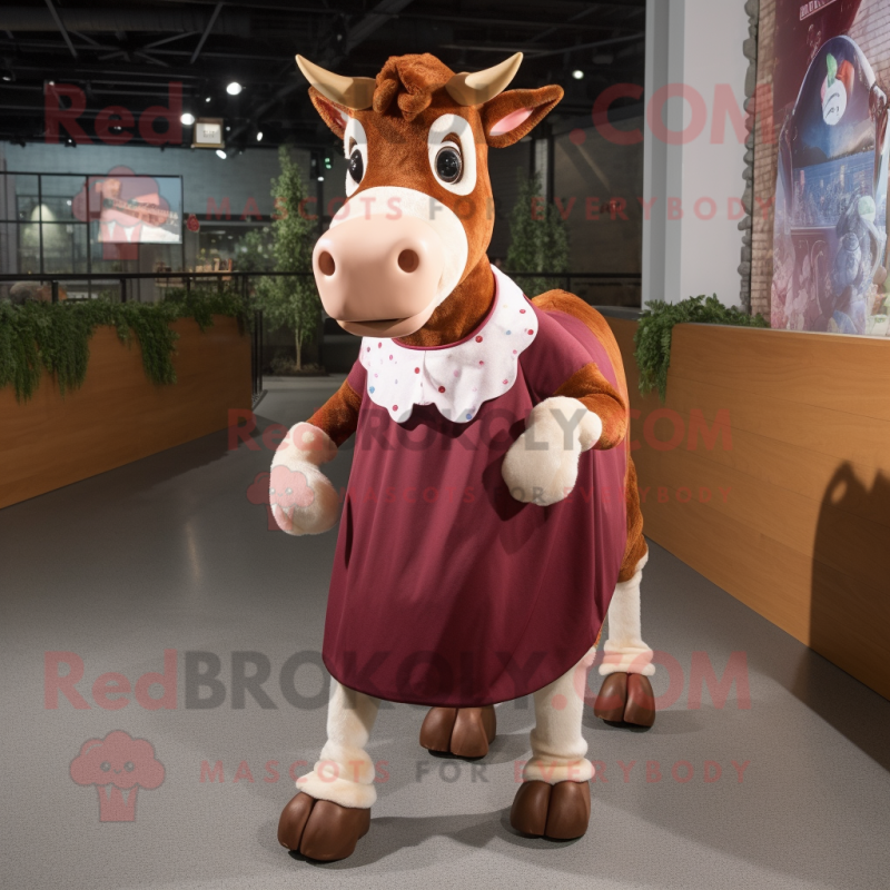 Maroon Guernsey Cow mascot costume character dressed with a A-Line Skirt and Headbands