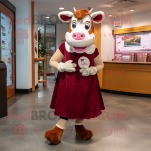 Maroon Guernsey Cow mascot costume character dressed with a A-Line Skirt and Headbands
