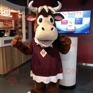 Maroon Guernsey Cow mascot costume character dressed with a A-Line Skirt and Headbands