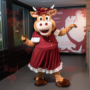 Maroon Guernsey Cow mascot costume character dressed with a A-Line Skirt and Headbands