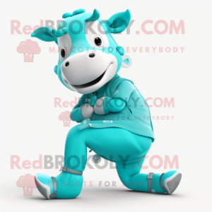 Turquoise Jersey Cow mascot costume character dressed with a Jeggings and Smartwatches