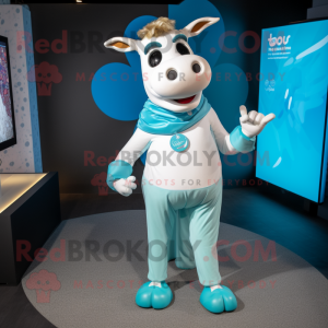 Turquoise Jersey Cow mascot costume character dressed with a Jeggings and Smartwatches