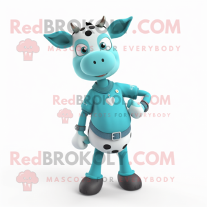 Turquoise Jersey Cow mascot costume character dressed with a Jeggings and Smartwatches