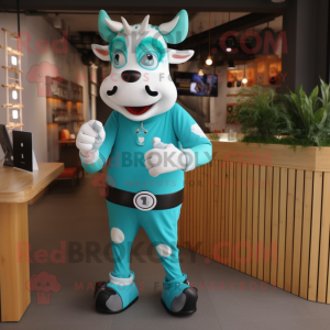 Turquoise Jersey Cow mascot costume character dressed with a Jeggings and Smartwatches