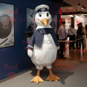 Navy Seagull mascot costume character dressed with a Playsuit and Ties