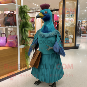 Teal Pheasant mascot costume character dressed with a Empire Waist Dress and Clutch bags