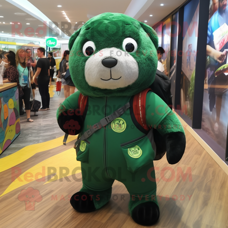 Forest Green Seal mascot costume character dressed with a Playsuit and Backpacks