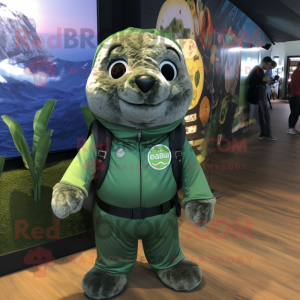 Forest Green Seal mascot costume character dressed with a Playsuit and Backpacks
